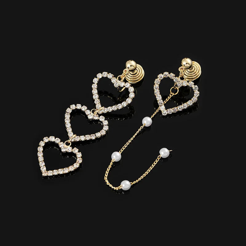 Elegant Alloy Rhinestone Heart Pearl Long Tassel Stud & Clip On No Piercing Asymmetric Drop Earrings