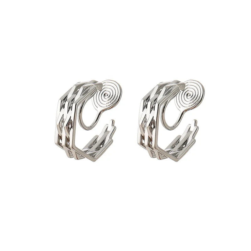 Luxury Silver Alloy Geometric Hoop Coil Stud & Clip On No Piercing Versatile Commuter Earrings