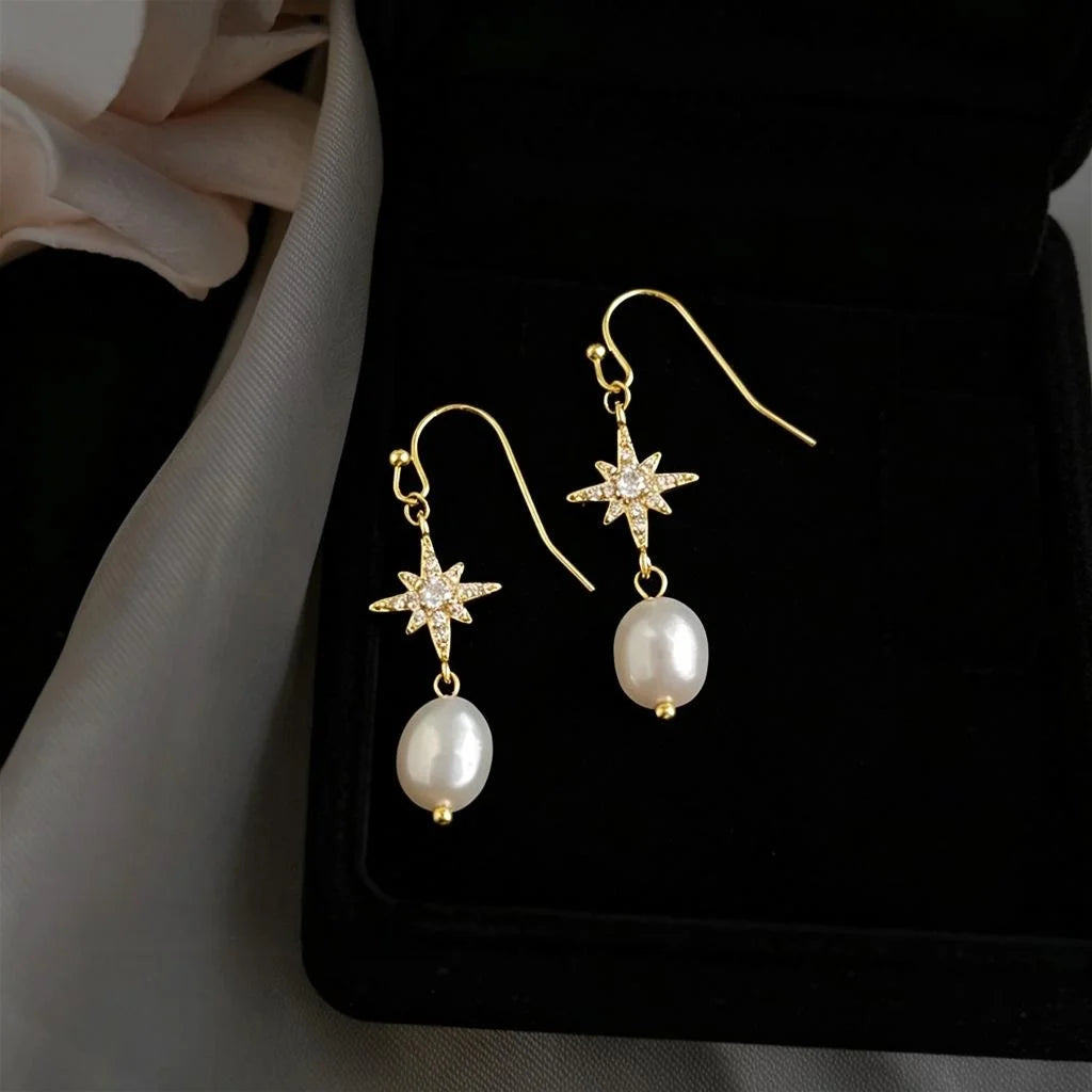 Freshwater Pearl Zircon Eight-Point Star Handmade Drop Earrings Light Luxury Geometric Jewelry
