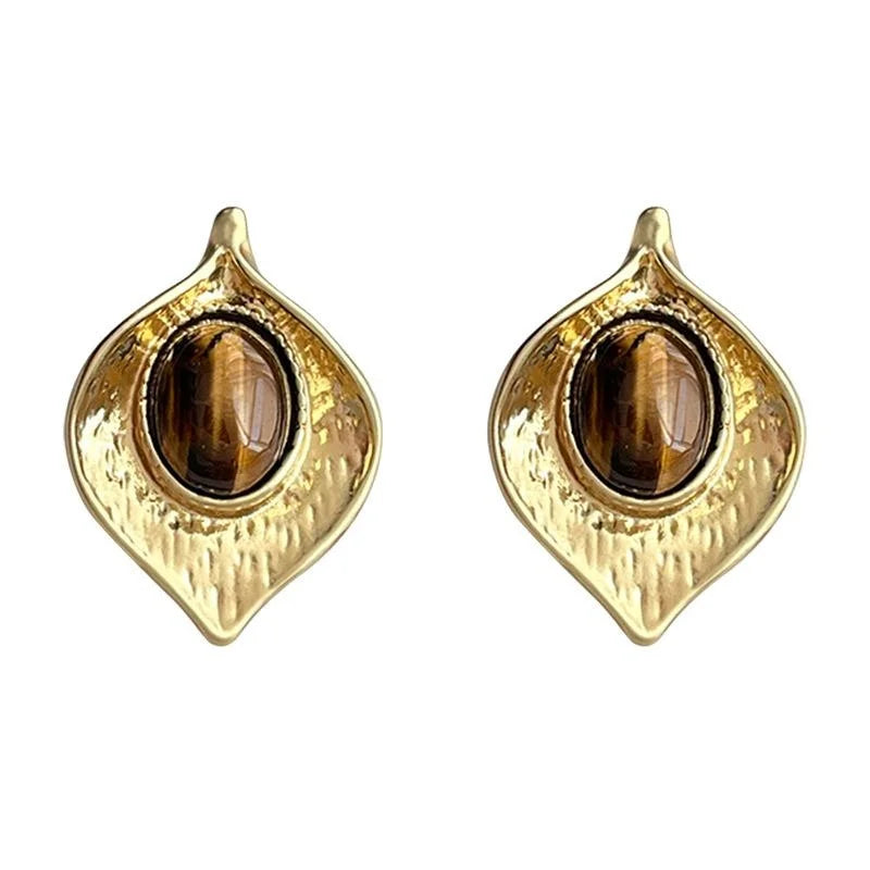 Maillard Style Tiger Eye Leaf Stud Earrings For Women Vintage Designer Fashion Jewelry