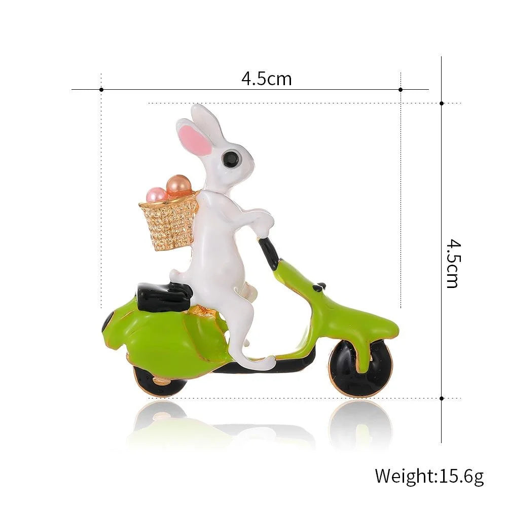 Cute Enamel Rabbit Riding Green Scooter Brooch With Rhinestone Basket, Animal Lapel Pin Gift