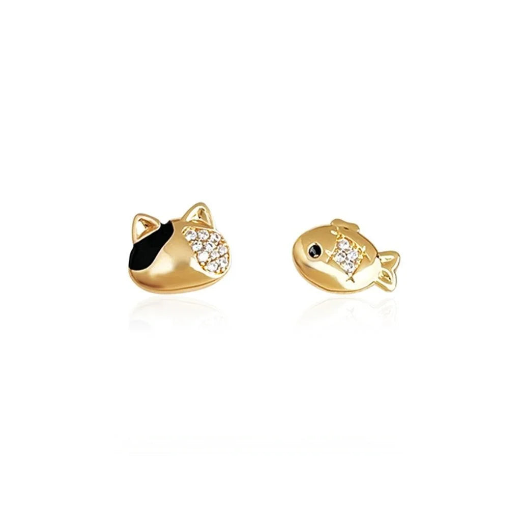 Asymmetric Micro Pave Zircon 14K Plated Goldfish Cat Stud Earrings