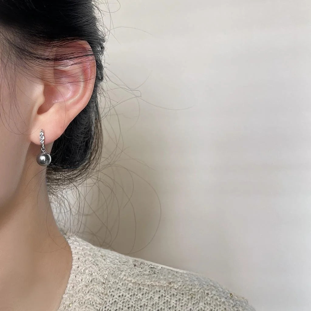 Vintage Geometric Gray Glass Pearl Drop Earrings With Micro Pave Zircon Copper Setting
