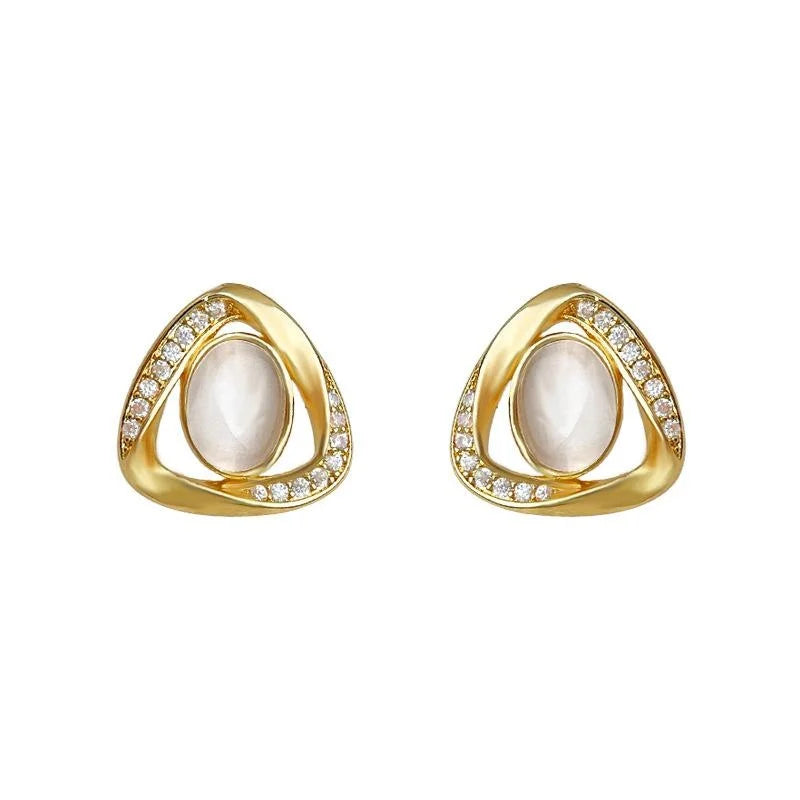 Light Luxury 14K Gold Plated Copper Geometric Cat Eye Zircon Triangle Oval Stud Earrings