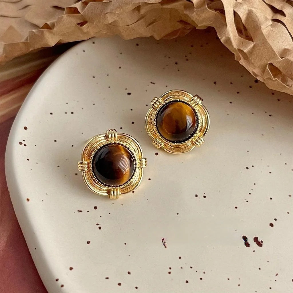 14K Gold Plated Copper Tiger Eye Stone Geometric Round Stud Earrings French Luxury Style