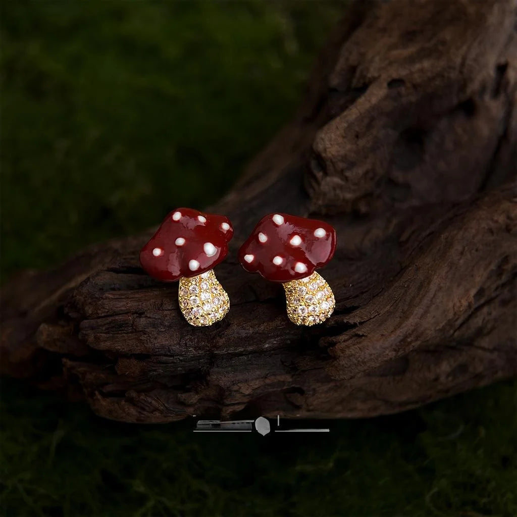 Cute Mushroom Stud Earrings Copper Zircon Micro Pave Childlike Style Gift Jewelry