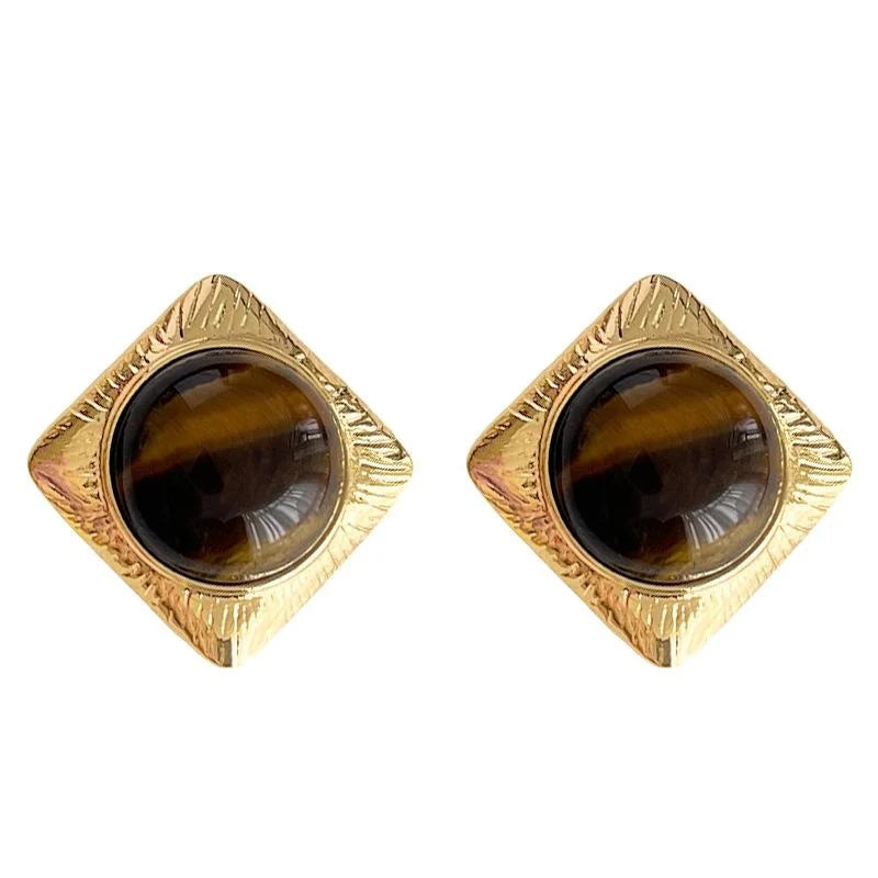 Vintage 14K Plated Copper Tiger Eye Square Geometric Stud Earrings For Women