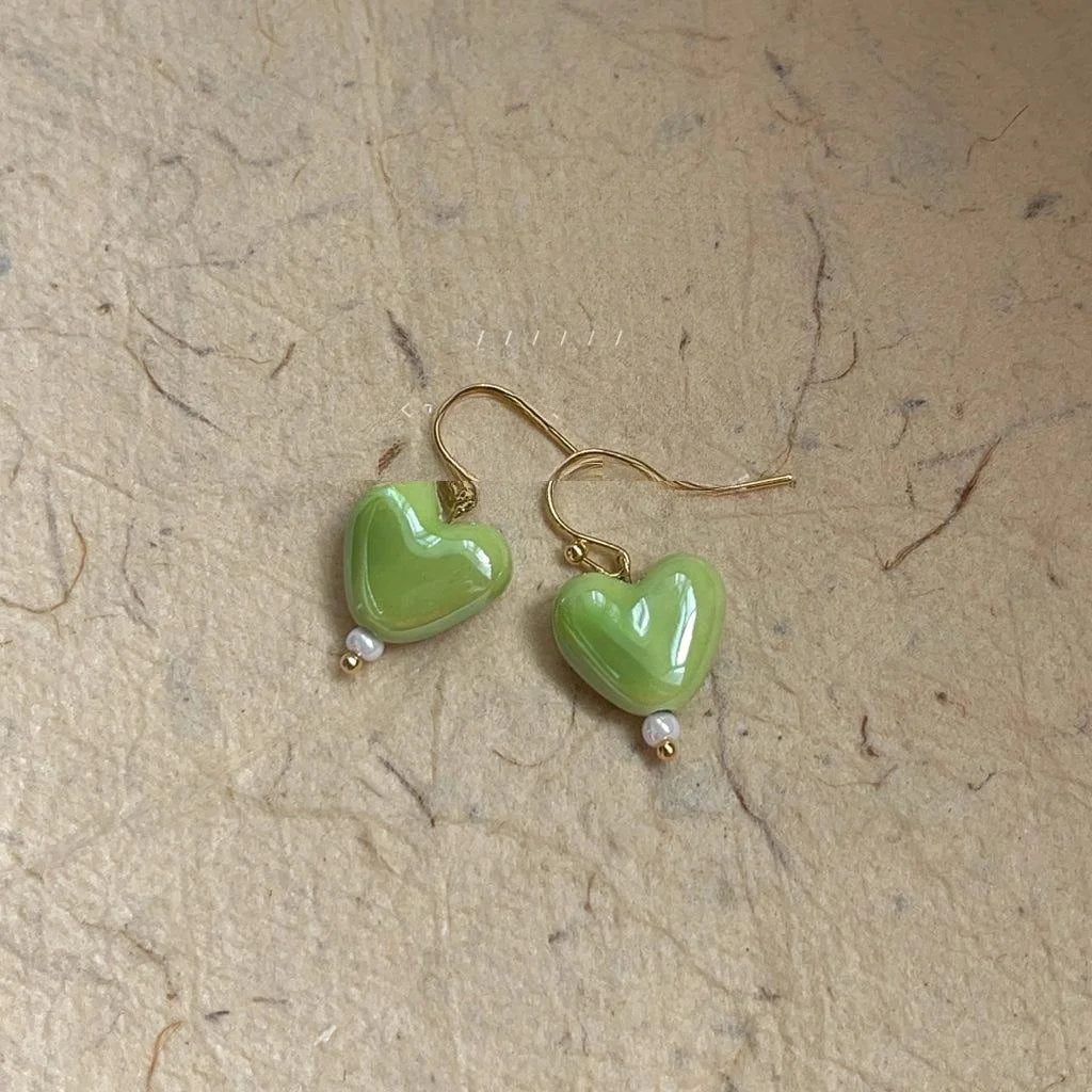 Green Ceramic Heart Drop Earrings Handmade Forest Style Sweet Minimalist Jewelry For Women