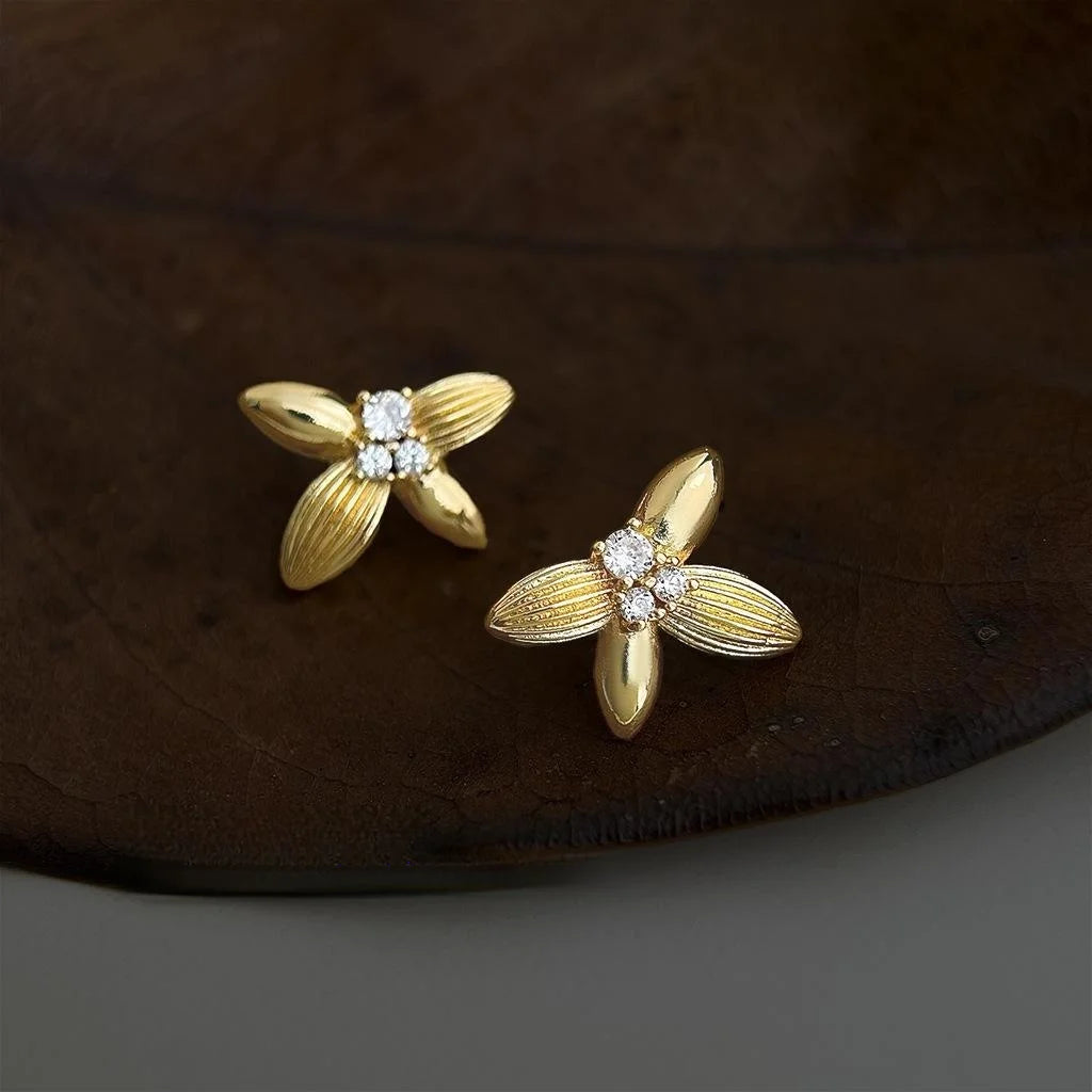 14K Gold Plated Copper Micro Pave Zircon Osmanthus Flower Leaf Stud Earrings High-End Fashion