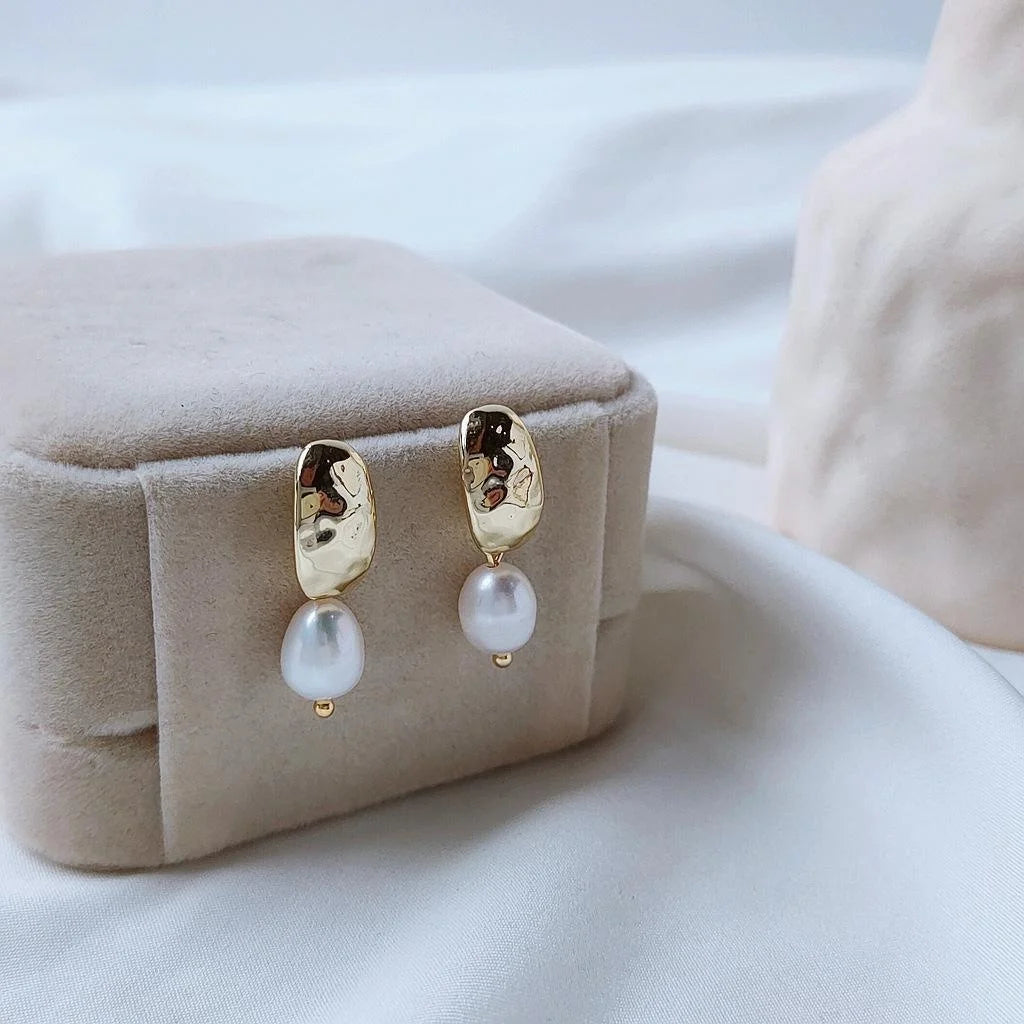 14K Gold Plated Natural Freshwater Pearl Geometric Korean Drop Earrings For Women