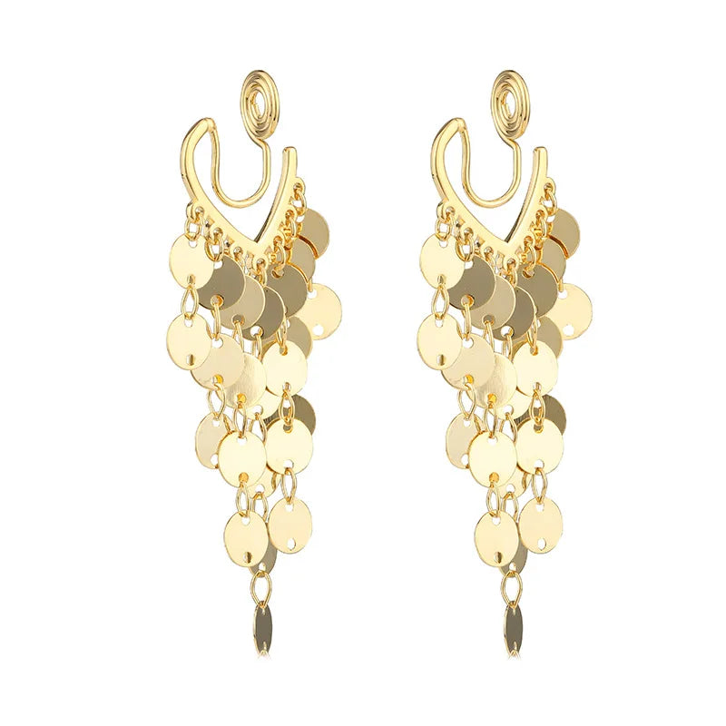 Elegant Hong Kong Style Gold Alloy Crescent Disc Sequin Tassel Stud & Clip On No Piercing Dangle Earrings