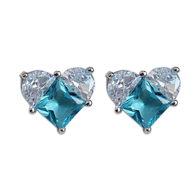 Sweet Cool Blue Micro Pave Zircon Heart Stud Earrings, Copper Mini Minimalist