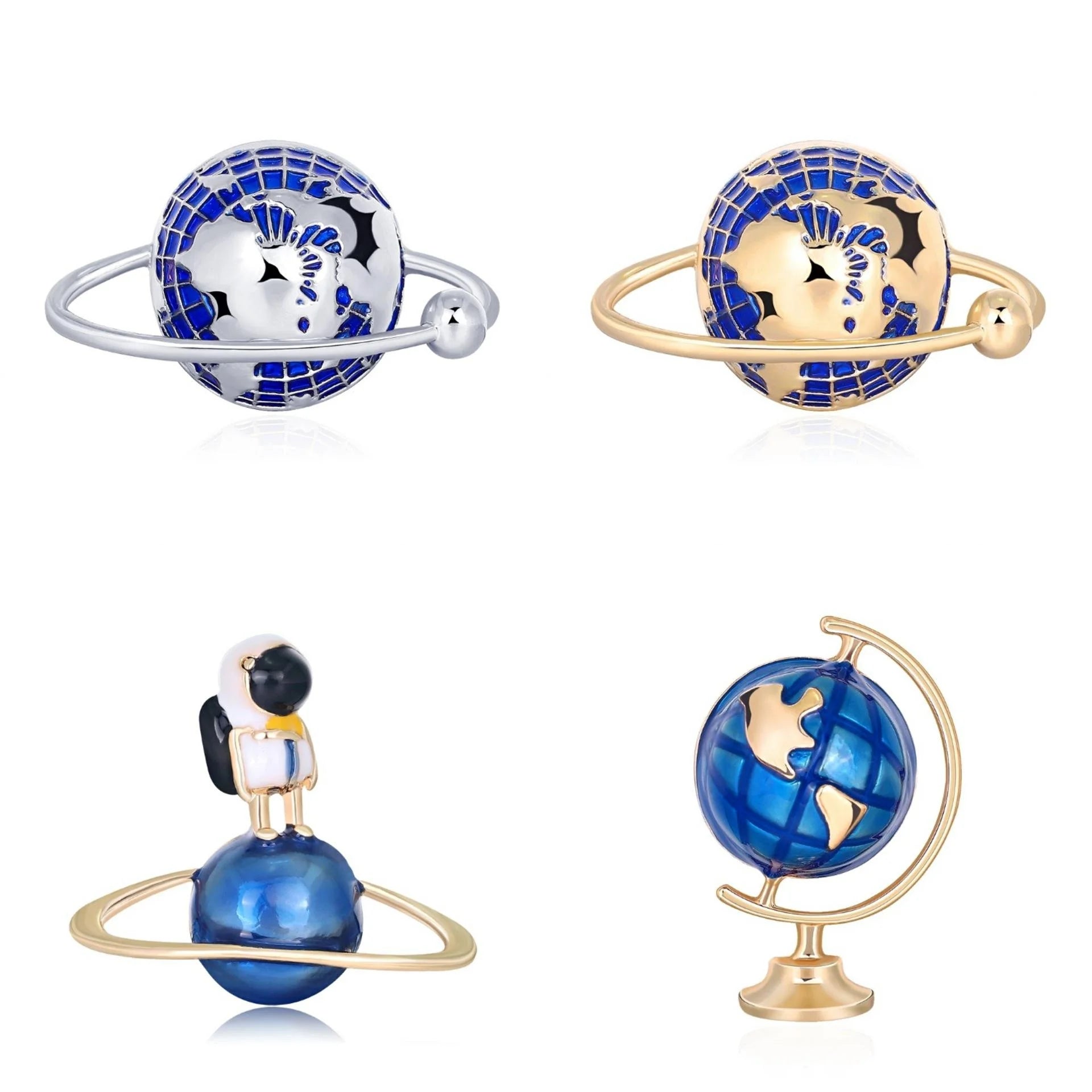 Luxury Blue Enamel Planet Astronaut Globe Alloy Brooch, Korean Style Lapel Pin Corsage Suit Accessory Gift