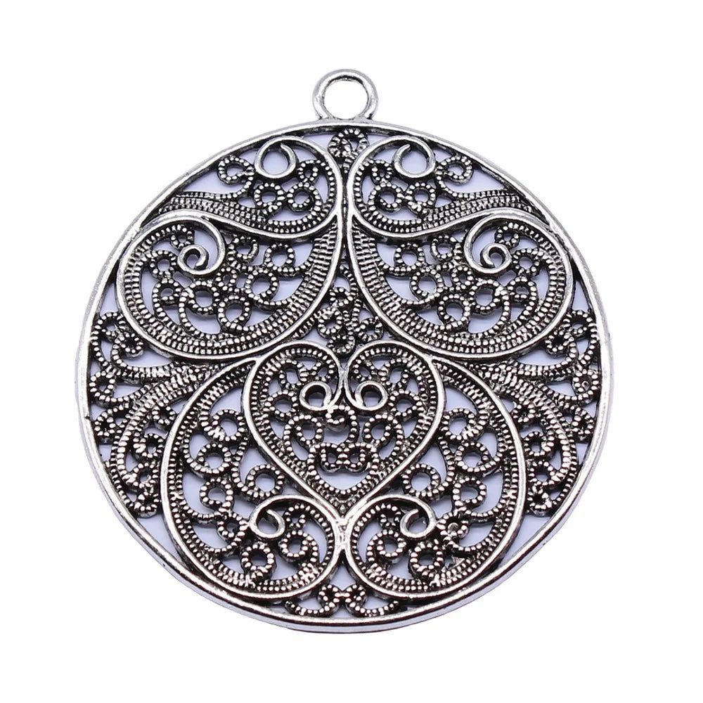 60x60mm 21.5g Antique Silver Zinc Alloy Round Openwork Flower Hollow Charm Pendant for Necklace Bracelet Making
