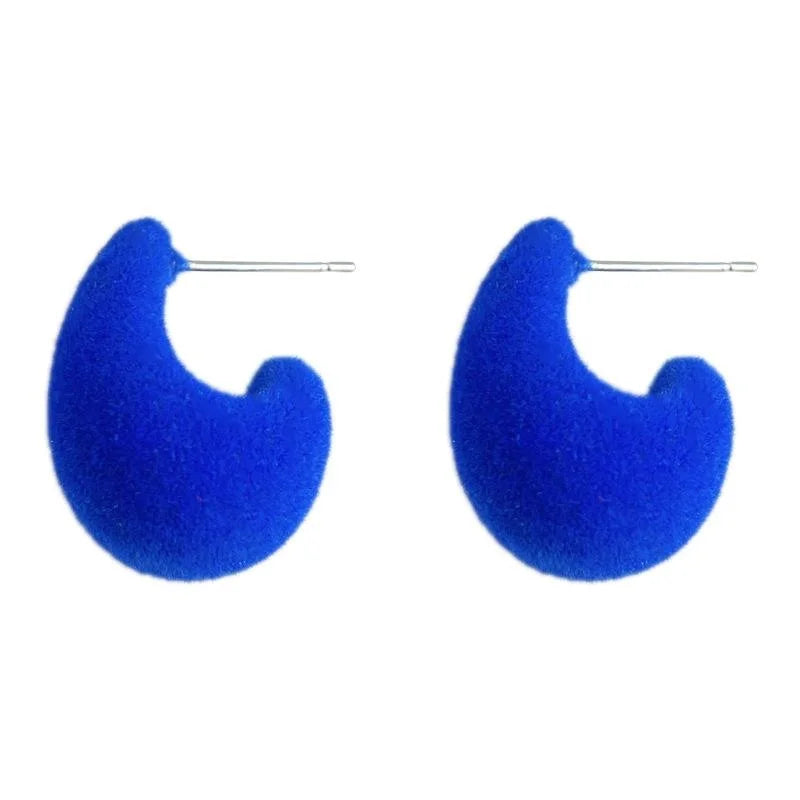 Vintage Royal Blue Flocked Teardrop Drop Earrings, Furry Winter Geometric Hoop Jewelry For Women