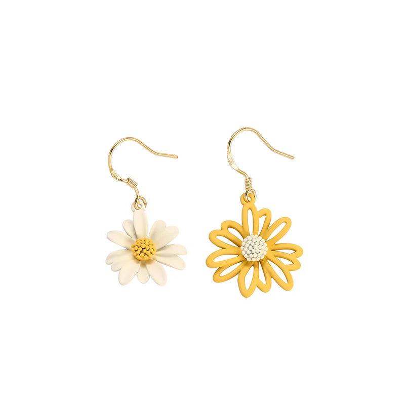 Elegant Asymmetric Daisy Flower Enamel Alloy Stud & Clip On No Piercing Spring Summer Drop Earrings