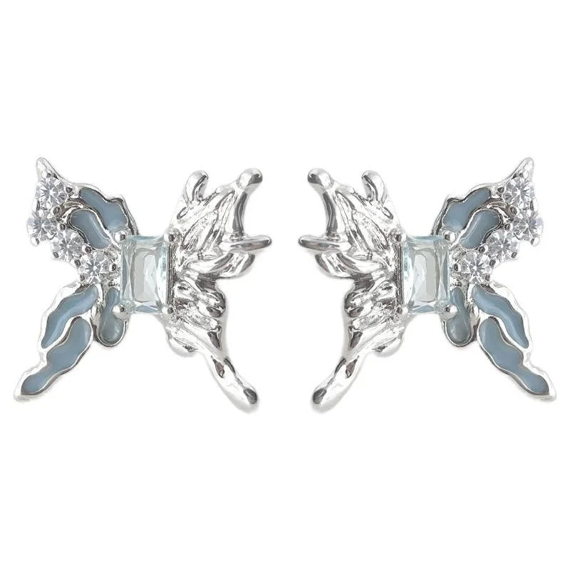 Original Design Blue Zircon Butterfly Liquid Copper Stud Earrings Sweet Cool Irregular Style