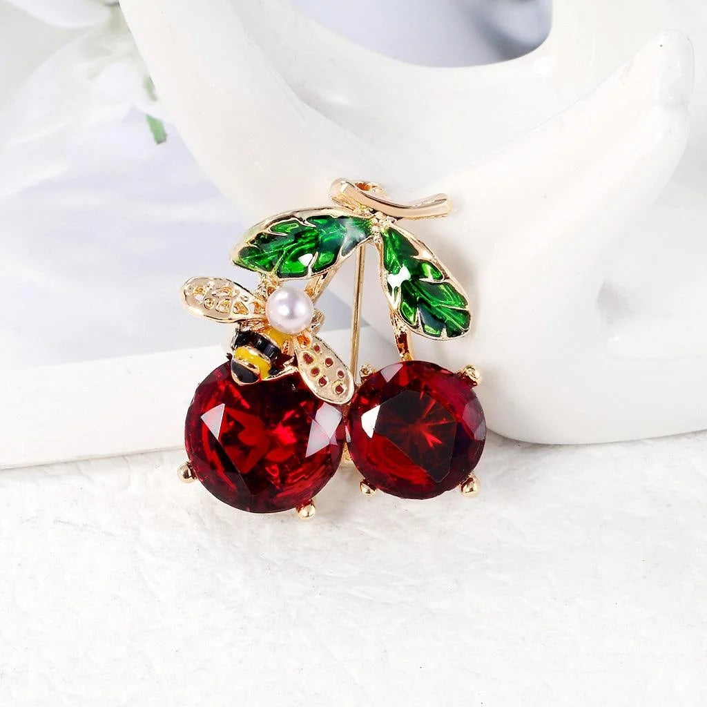 Cute Cherry Bee Enamel Rhinestone Brooch For Women, Alloy Lapel Pin Cardigan Clasp Suit Accessory Gift