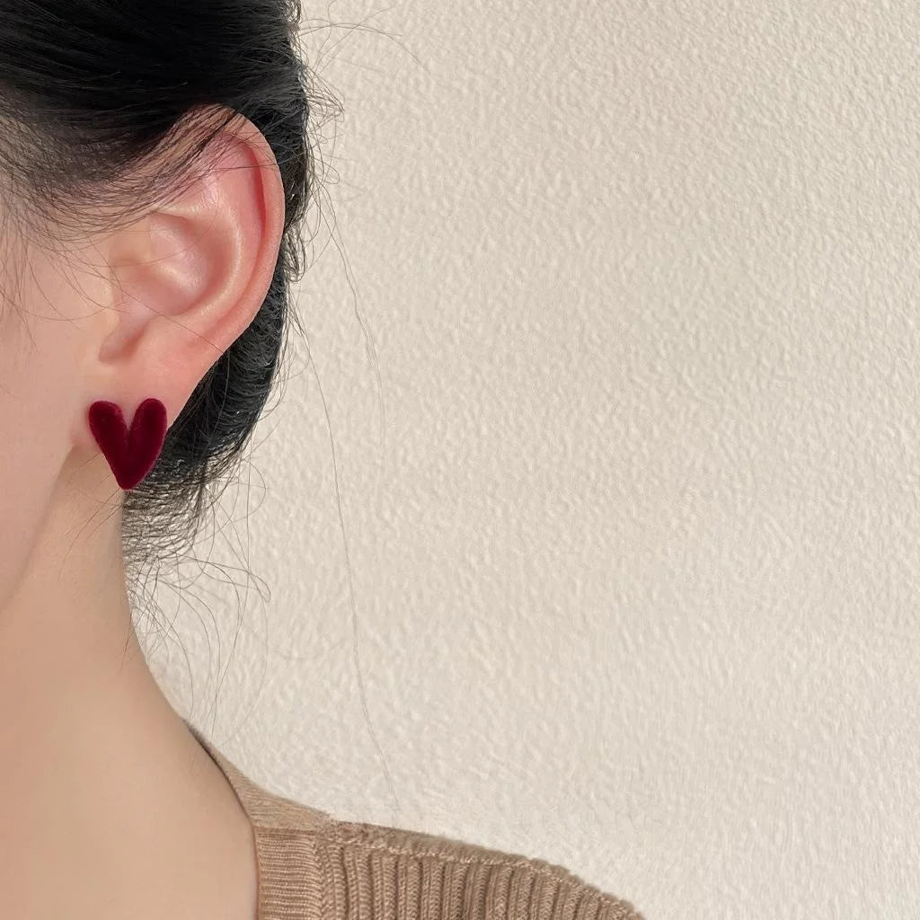 Copper Burgundy Flocked Heart Stud Earrings Plush Minimalist Elegant Fall Winter Jewelry