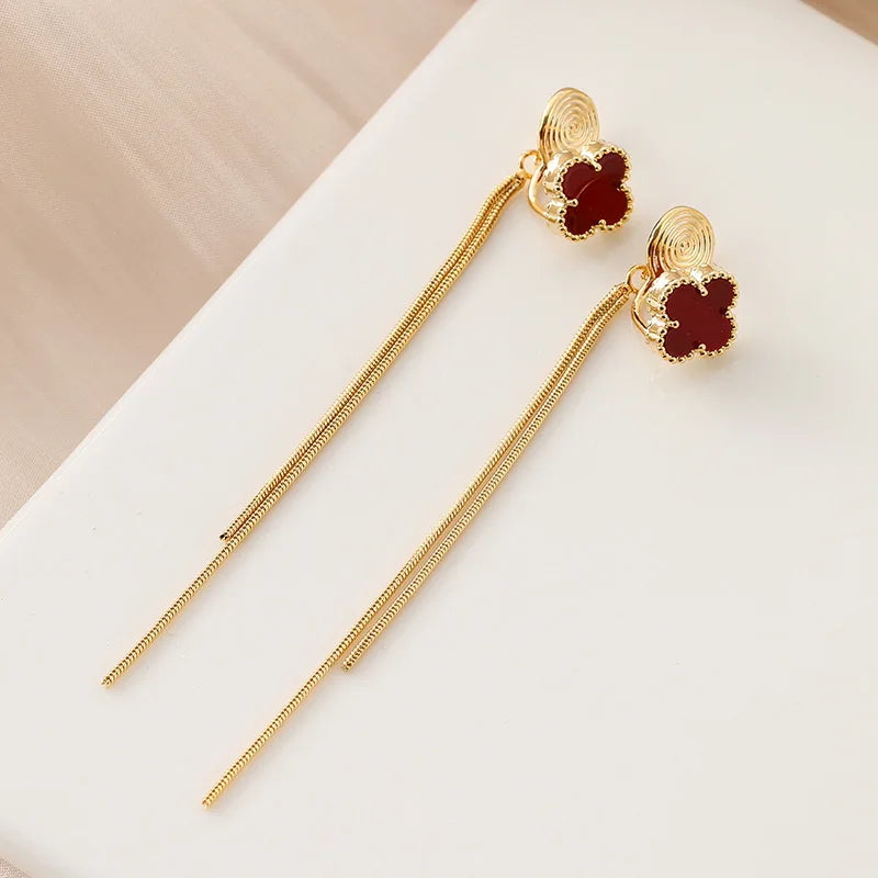 Elegant Red Enamel Lucky Clover Gold Chain Tassel Alloy Stud & Clip On No Piercing Drop Earrings