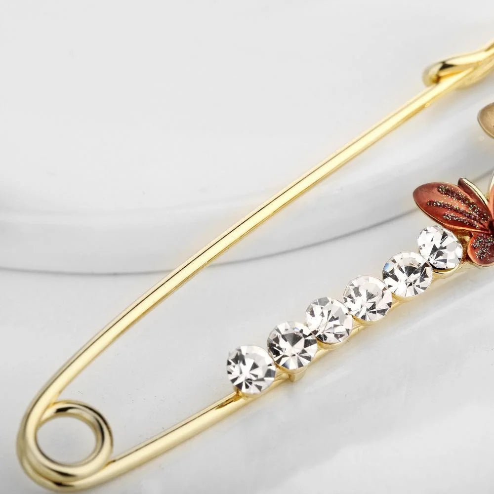Elegant Gold Alloy Safety Pin Brooch With Rhinestone Butterfly Charm, Women's Lapel Pin Scarf Corsage Gift