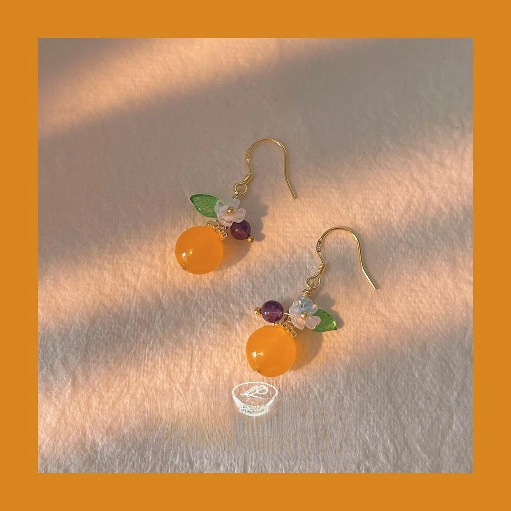 Sweet Pastoral Yellow Jade Flower Drop Earrings, Silver Plated Copper Handmade Jewelry