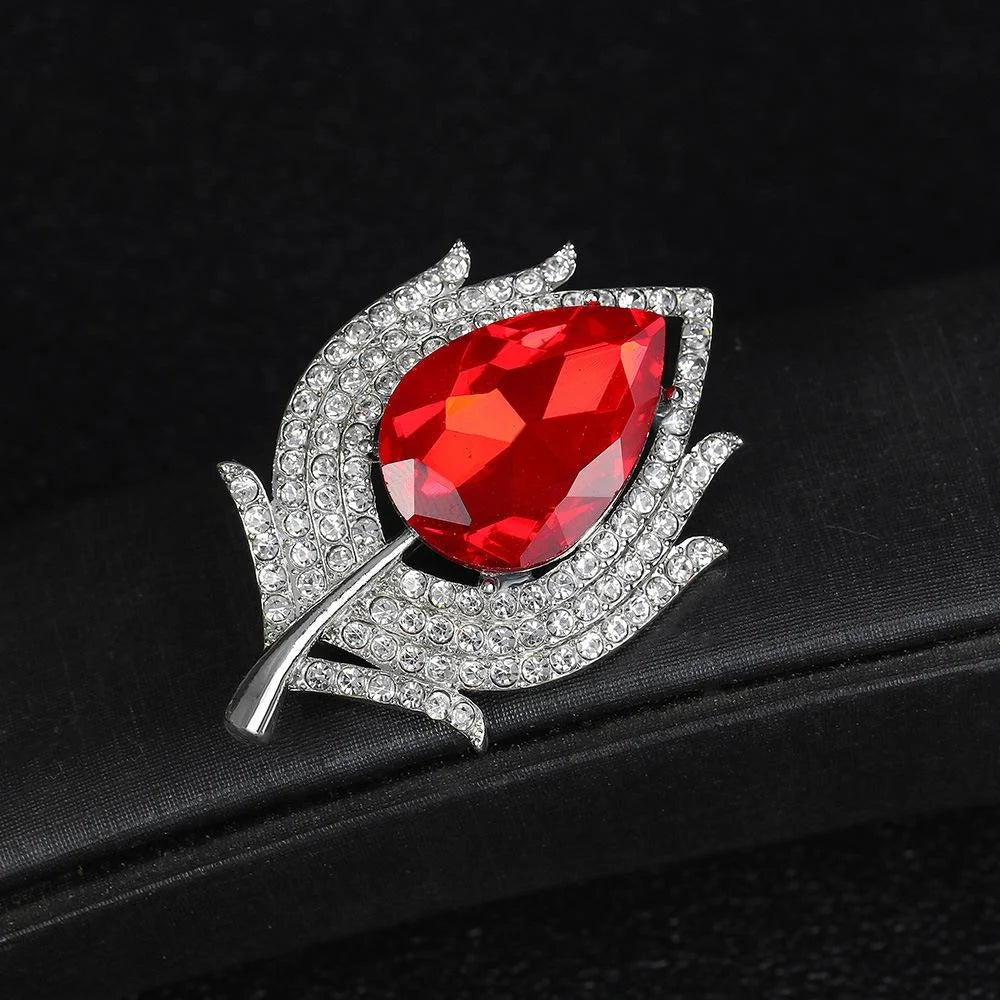 Luxury Blue Glass Teardrop Leaf Brooch With Rhinestone Alloy Setting, Elegant Lapel Pin Corsage Gift