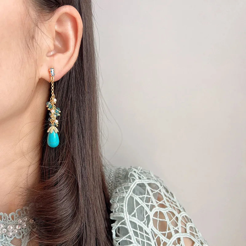Vintage Turquoise Teardrop Tassel Alloy Crystal Pearl Stud & Clip On No Piercing Long Dangle Earrings