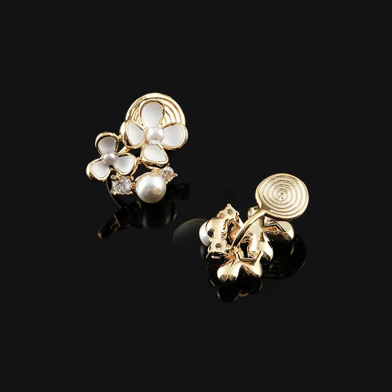 Elegant Enamel Flower Pearl Rhinestone Alloy Stud & Clip On No Piercing Small Floral Earrings