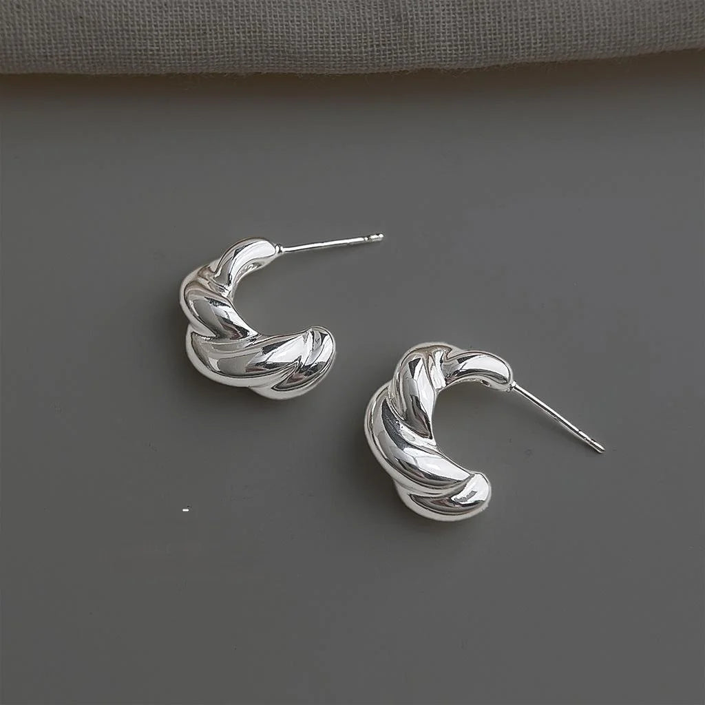 Silver Tone Twisted C Shaped Hoop Earrings Minimalist Geometric Fashion Jewelry
