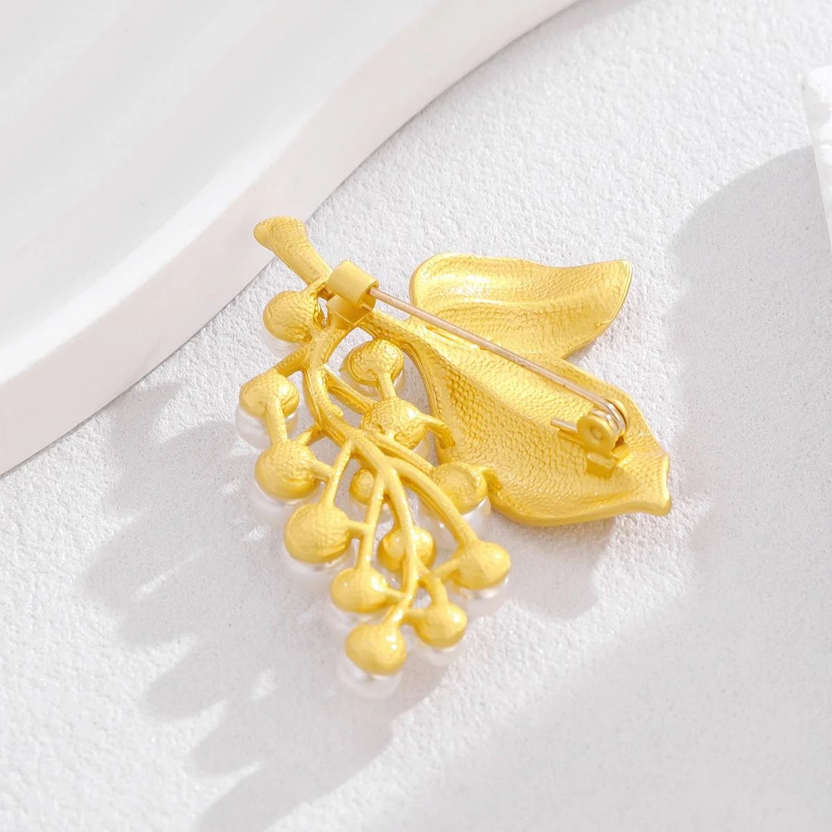 Luxury Matte Gold Alloy Grape Vine Brooch With Faux Pearl Clusters, Elegant Lapel Pin Suit Accessory Gift