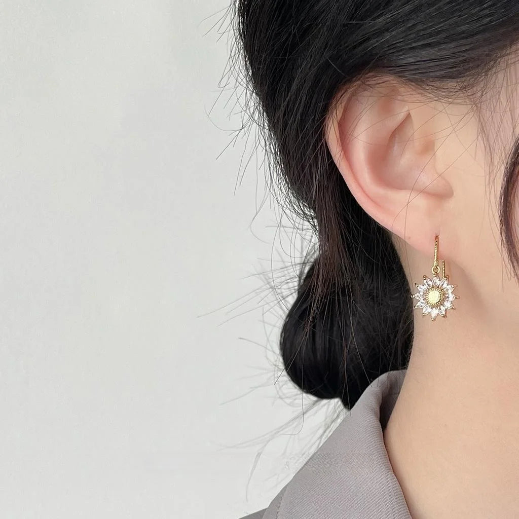 French Vintage 14K Plated Zircon Sunflower Flower Drop Earrings for Women
