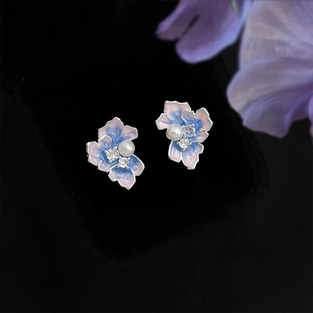 Luxury Iris Flower Stud Earrings, Silver Plated Copper Zircon Enamel Pearl Floral Jewelry