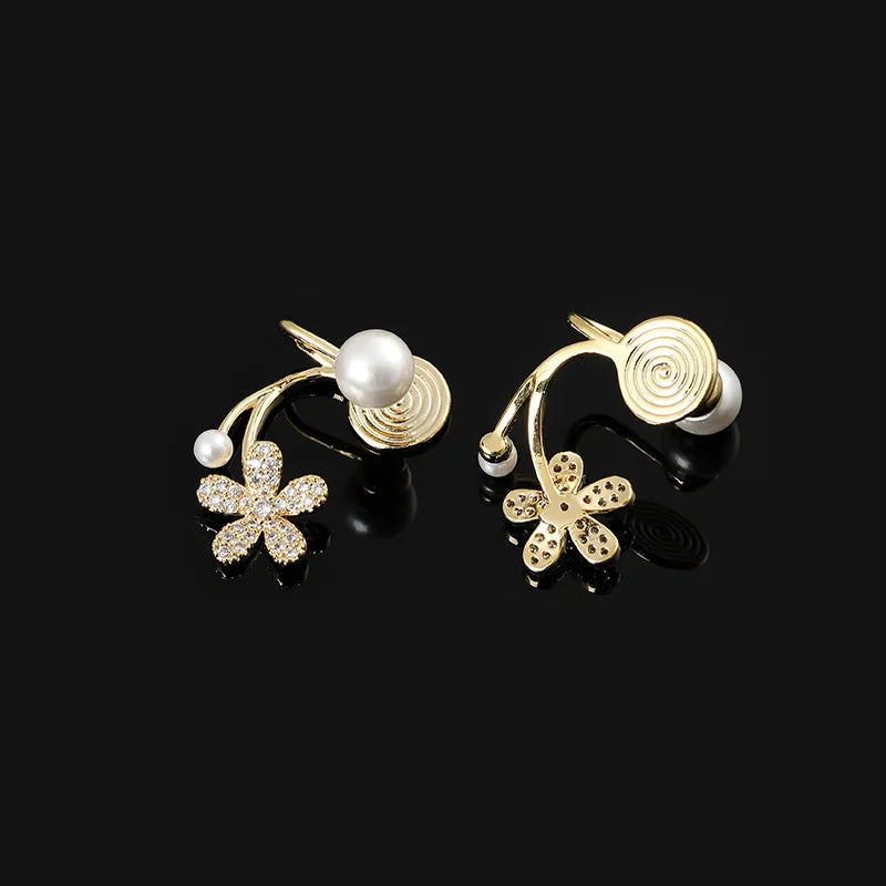 Luxury Pearl Flower Rhinestone Spiral Stud & Clip On No Piercing Gold Alloy Drop Women's Earrings