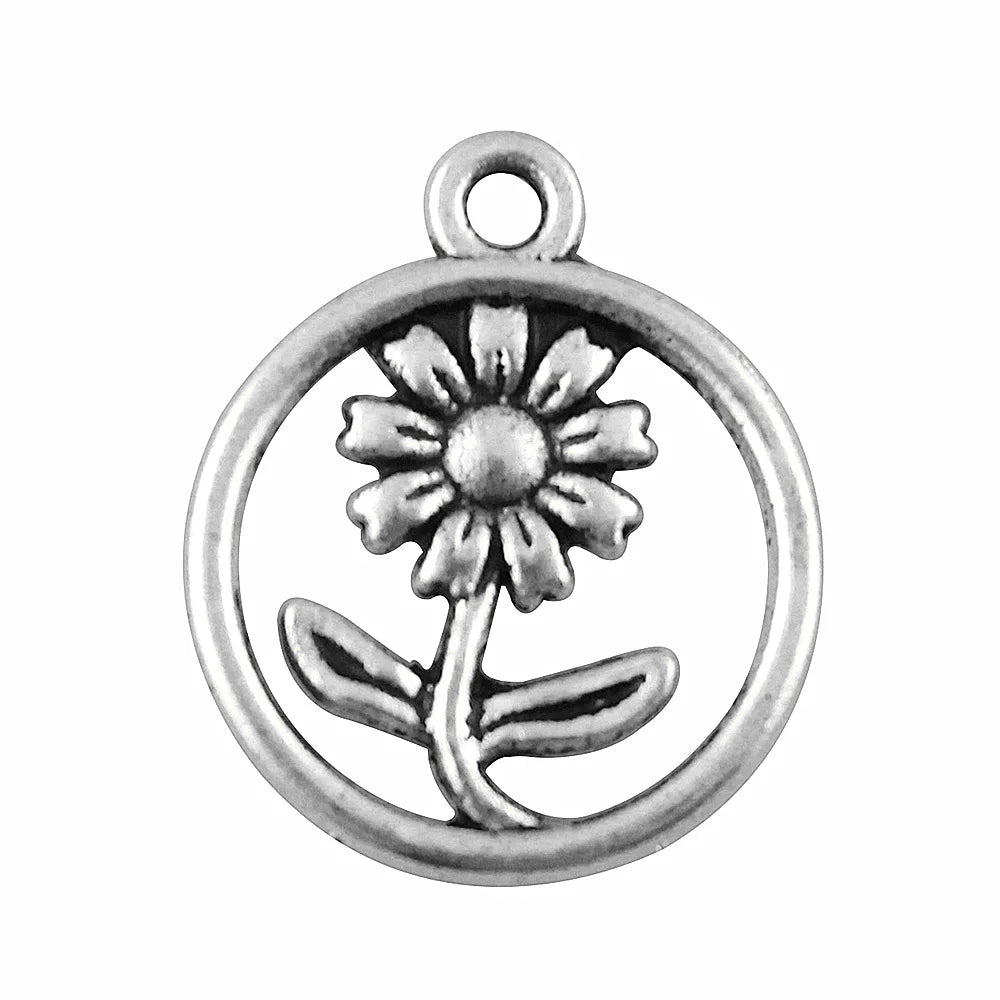 17mm 1.3g Antique Silver Zinc Alloy Flower Charm Pendant for DIY Vintage Jewelry Making