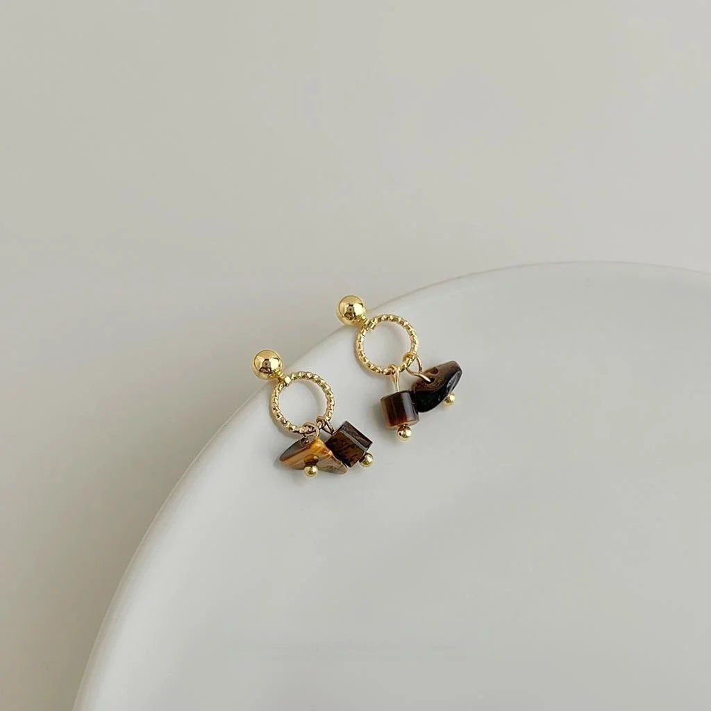 Natural Tiger Eye Stone Geometric Drop Earrings Old Money Minimalist Designer Jewelry For Women