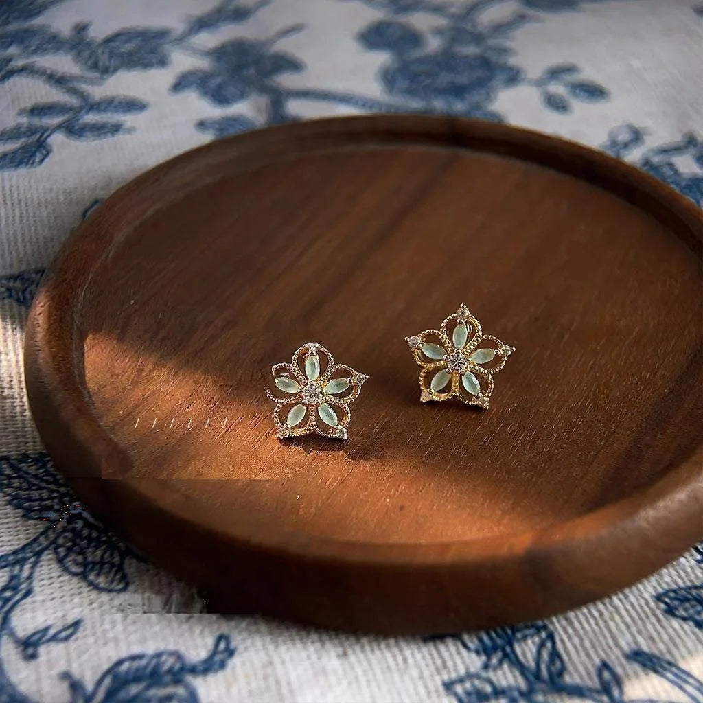 Silver Plated Copper Mini Flower Stud Earrings With Micro Pave Zircon Sweet Forest Style