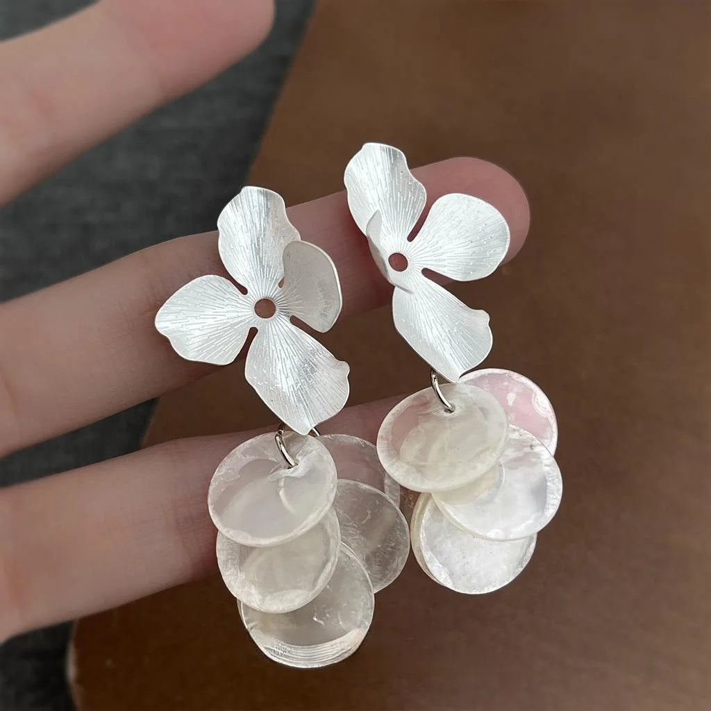 Real Shell Matte Silver Plated Floral Tassel Drop Earrings Fresh Vacation Style