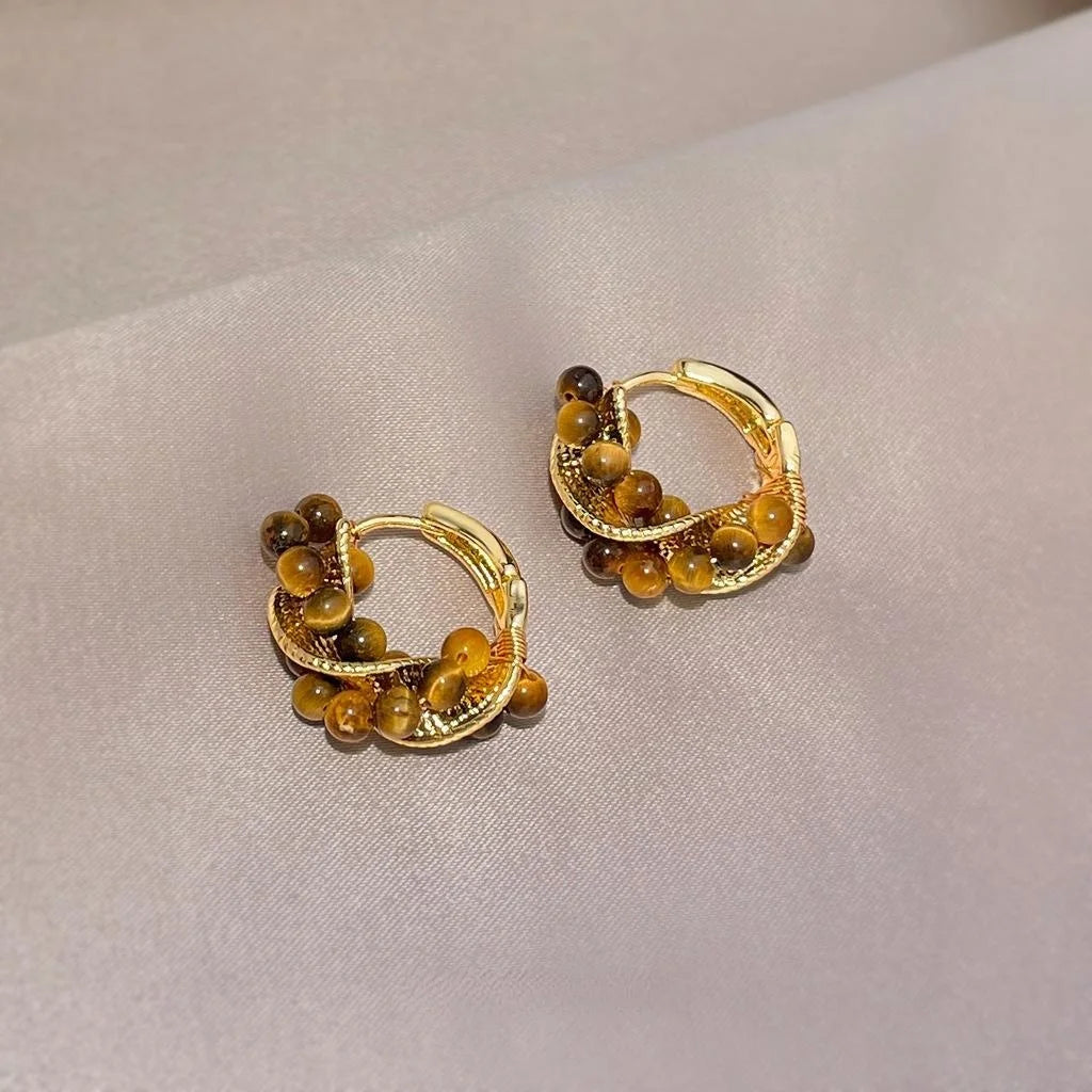 Handmade Copper Tiger Eye Geometric Twisted Round Vintage Maillard Style Drop Earrings