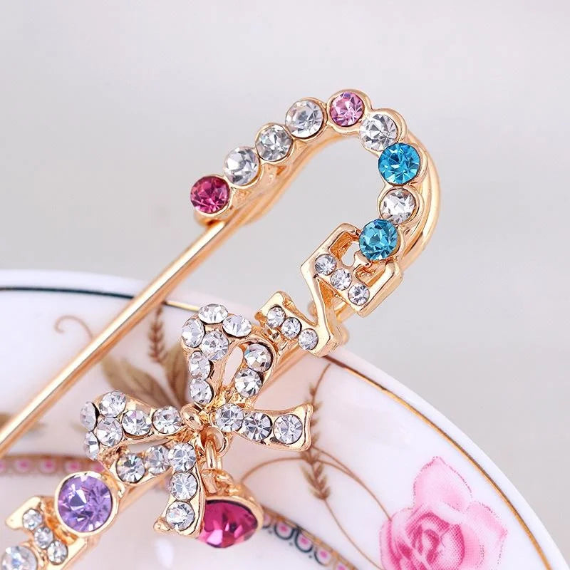 Elegant Rhinestone Bow Safety Brooch With Colorful Crystals, Women's Alloy Lapel Pin Scarf Corsage Gift