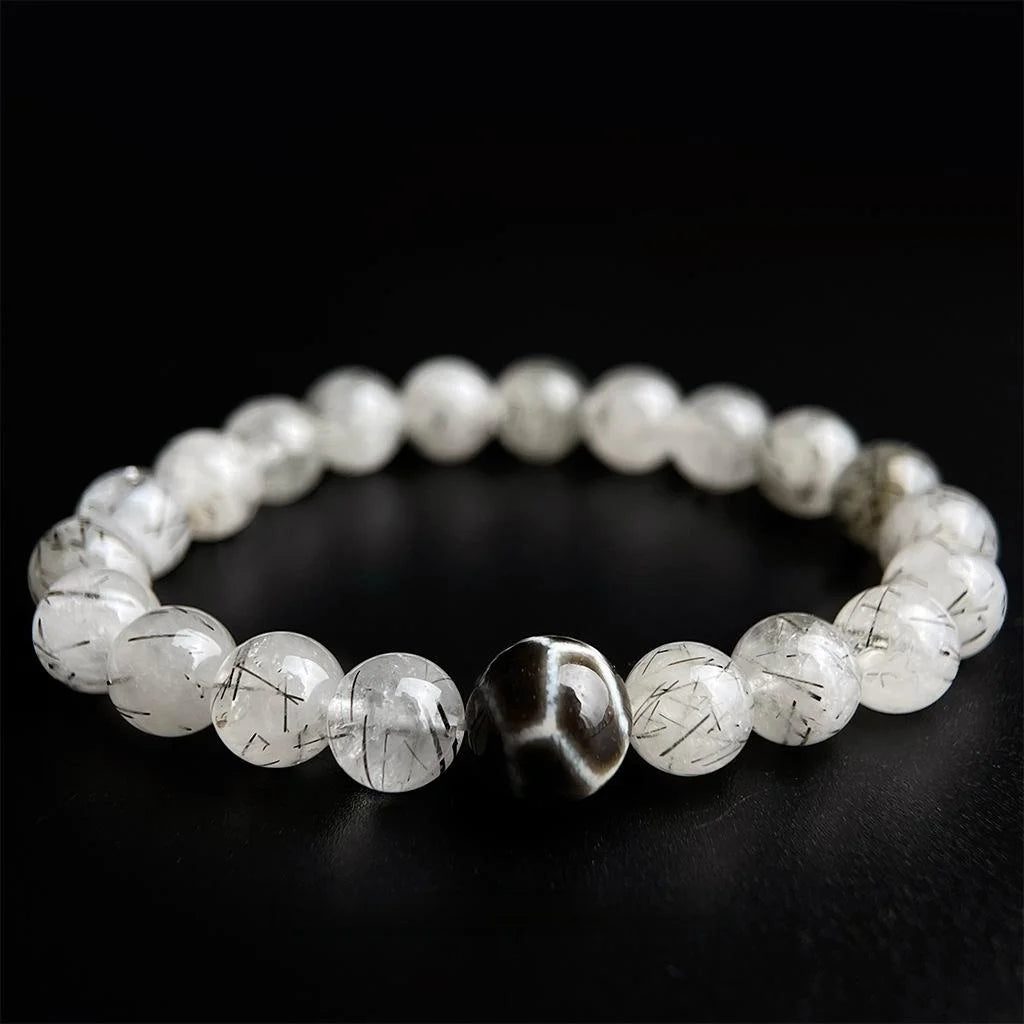 Natural Black Rutilated Quartz Beaded Bracelet New Chinese Vintage Geometric Round Design