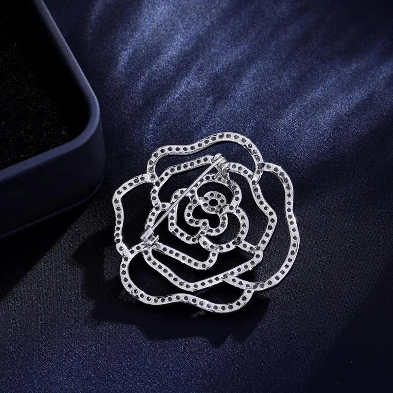 Luxury Full Rhinestone Camellia Flower Brooch, Gold Alloy Hollow Rose Lapel Pin Corsage Suit Accessory Gift
