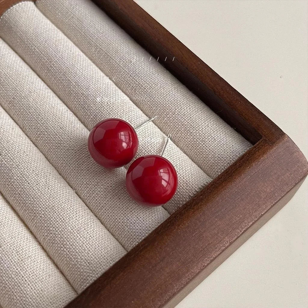 Burgundy Vintage Hong Kong Style Round Glass Pearl Copper Stud Earrings