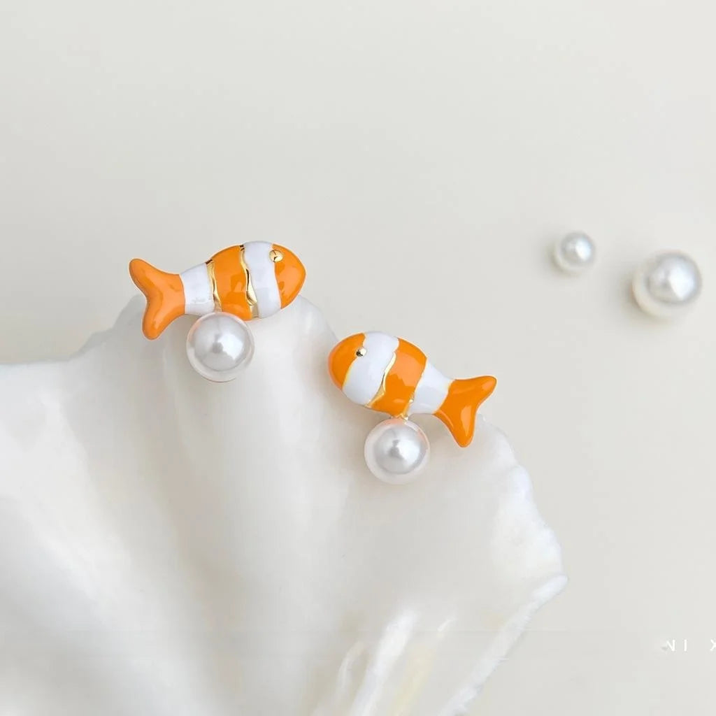 Handmade Enamel Clownfish Stud Earrings Copper Tropical Fish Design Casual Jewelry
