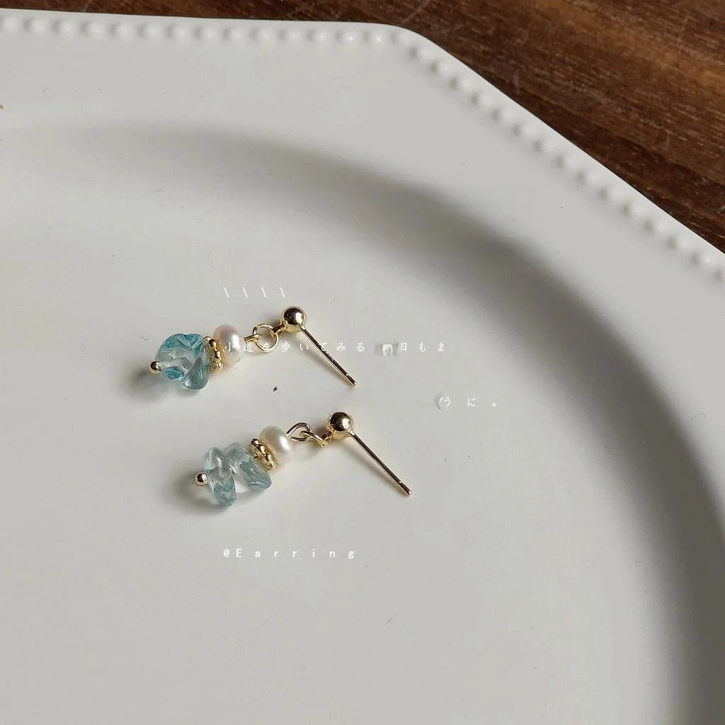 Handmade Aquamarine Chip Freshwater Pearl Stud Earrings 14K Gold Plated Geometric Jewelry