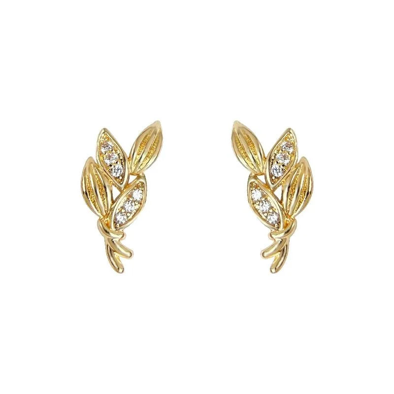 Simple Copper Zircon Wheat Ear Leaf Stud Earrings, Micro Pave Dainty Gift Jewelry