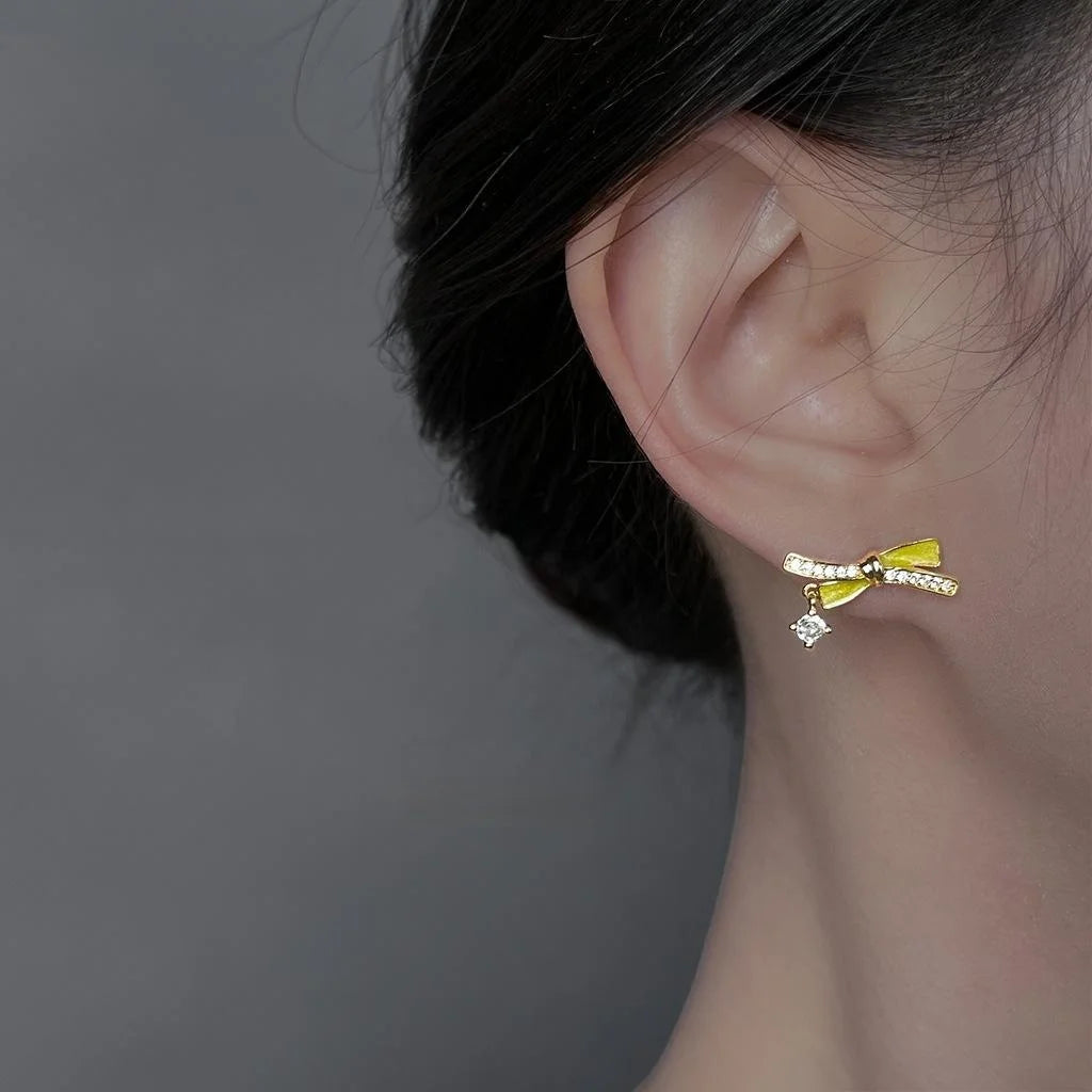 Copper 14K Plated Enamel Bow Stud Earrings With Zircon Micro Pave Sweet Girl Style