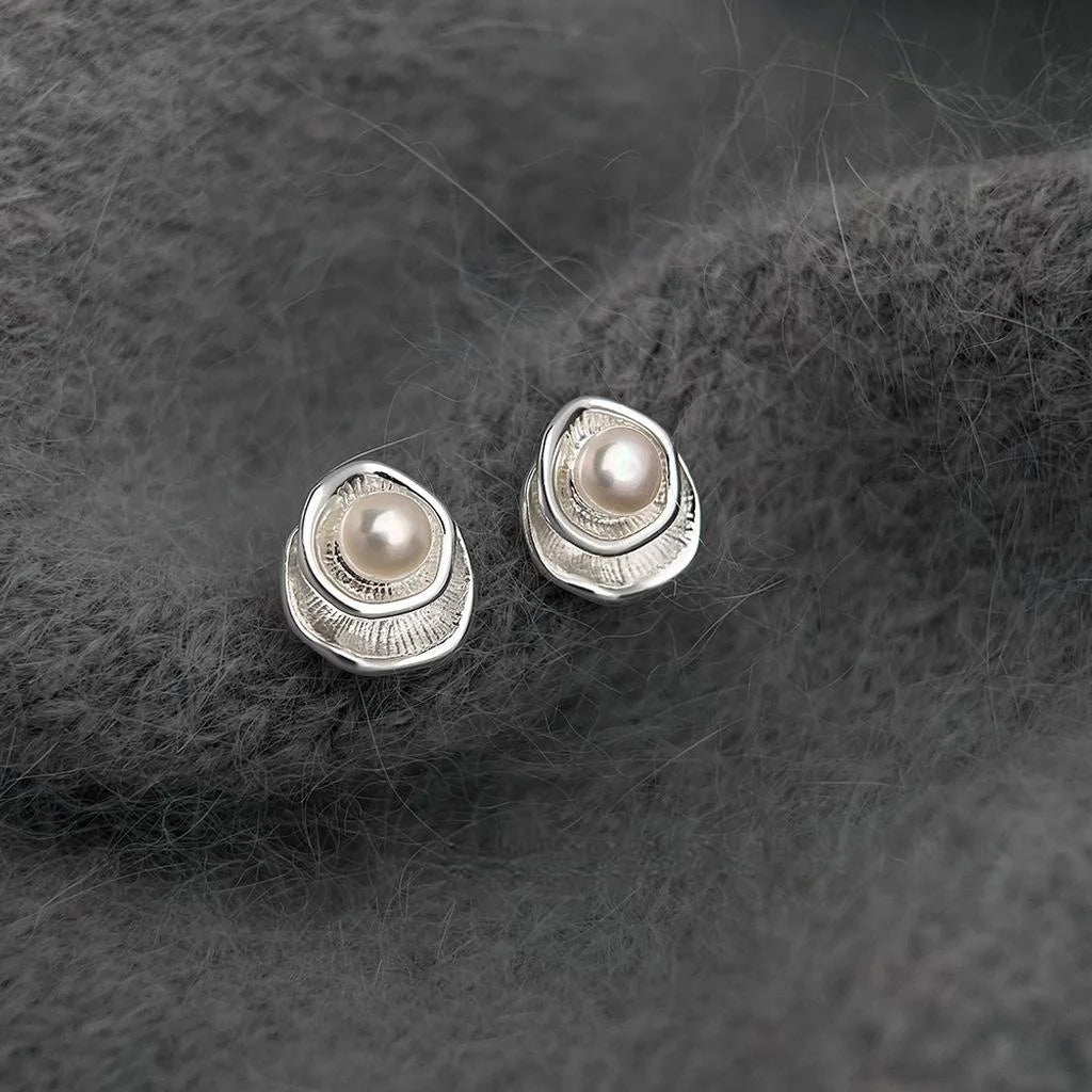 14K Plated Copper Freshwater Pearl Geometric Stud Earrings Artistic Designer Style