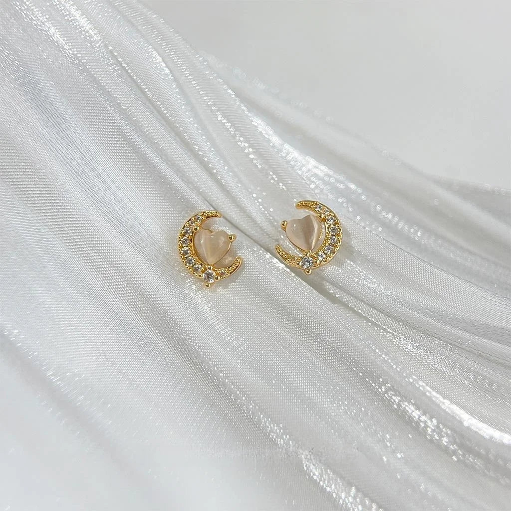 14K Gold Plated Copper Moon Stud Earrings With Zircon And Glass Cat Eye Stone Minimalist Cute Jewelry