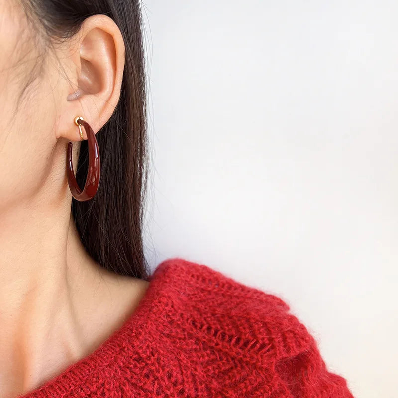 Vintage Red Enamel Spiral Hoop Stud & Clip On No Piercing Alloy Fall Winter Statement Earrings